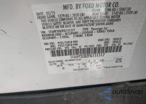 2015 Ford Taurus Sel из США, поврежденный, VIN 1FAHP2E82FG151517